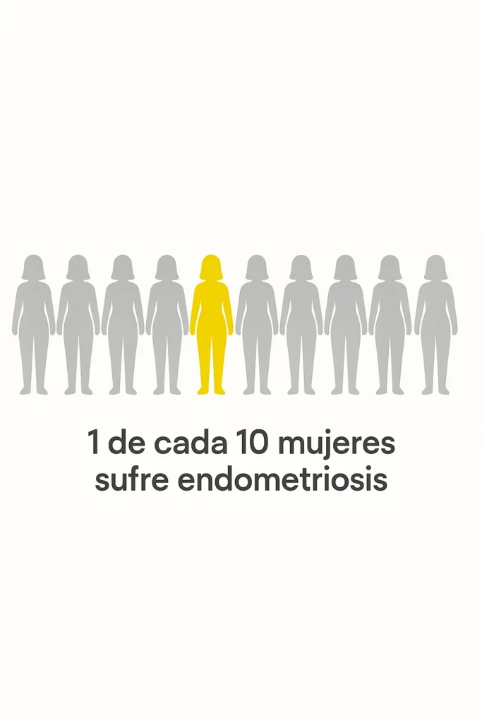 Ilustración de 10 figuras femeninas con una mujer destacada en color amarillo, que representa que 1 de cada 10 mujeres sufre endometriosis.
